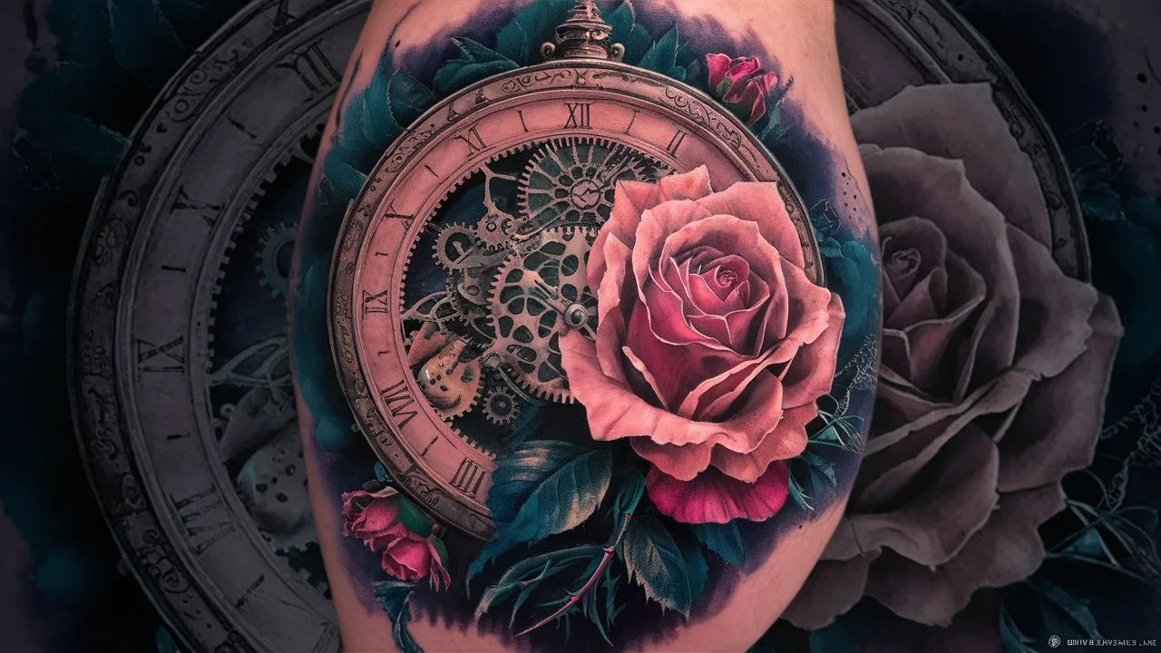 Clock and Rose Tattoo